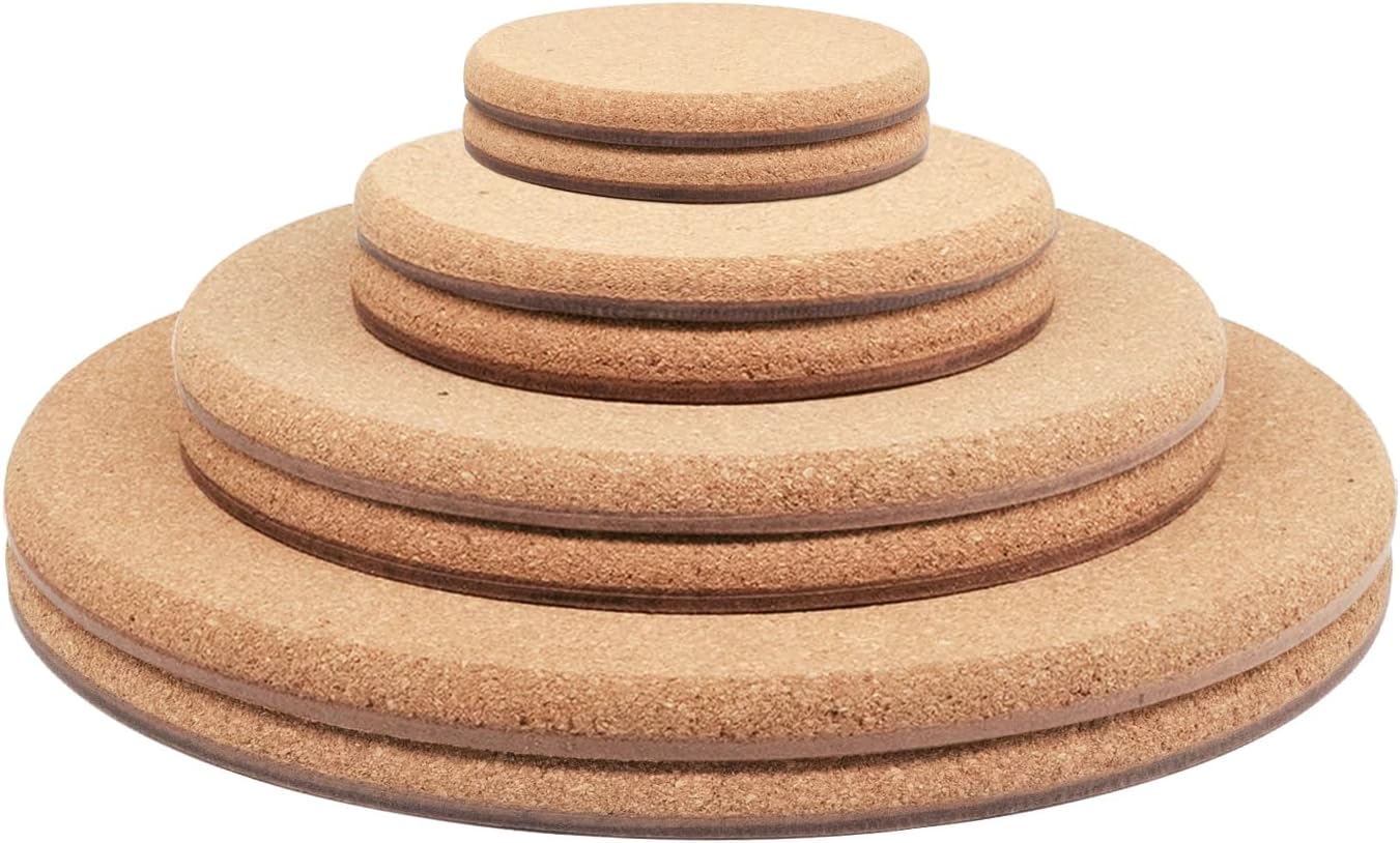 Cork Plant Coasters, 4 Sizes Double Layers Hard Thick Planter Coaster, 4/6/8/10 Inch Absorbent Mats, Cork Trivets for Hot Dishes, Coasters for House Plants, 8 Pcs