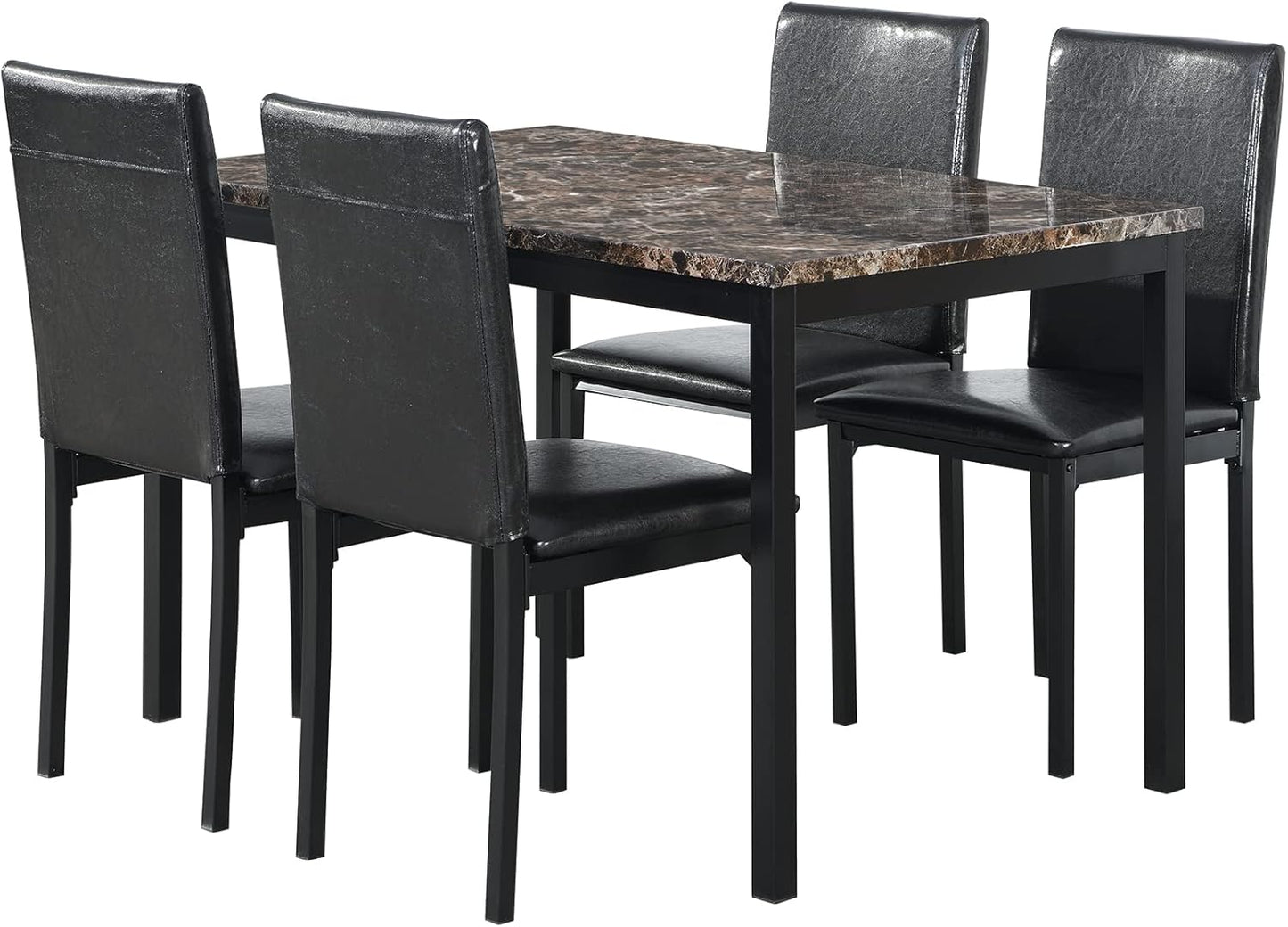 KEIKI 5 Piece Dining Table Set with 48" Marble Table & 4 PU Leather Padded Chair for 4 Person,Kitchen, Living Room,Dining Room Furniture,Easy Assembly,Black