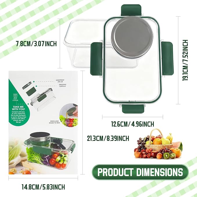 Upgrade Salad Container with Dressing Cup & Fork - Leakproof Airtight Salad Box, BPA-Free & Dishwasher Safe, 8.27×5.5×4.33in Compact Meal Prep Container for Office/Picnic (Green)