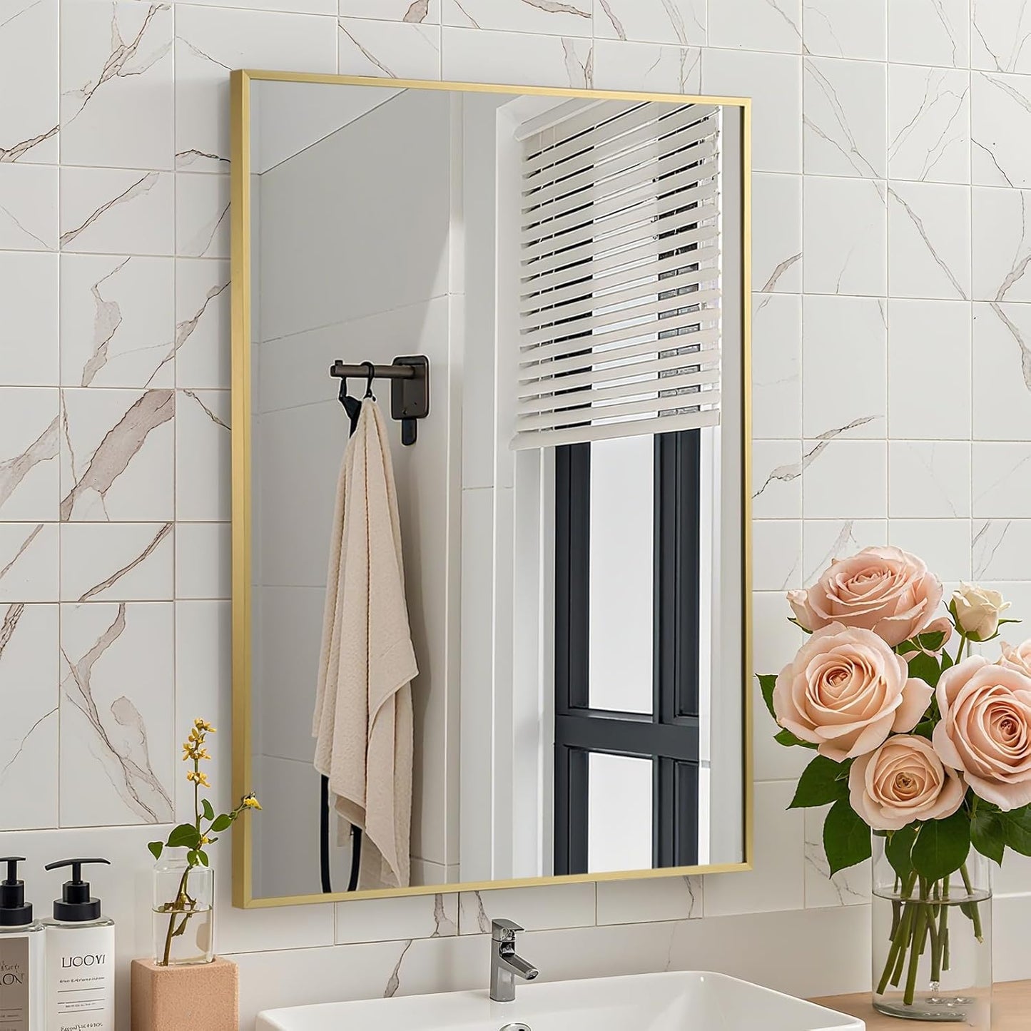 Brushed Gold Mirror, 24x32 Inch Aluminum Framed Rectangle Mirror, Anti-Rust, Tempered Glass, Square Corner Wall Mirror for Over Sink, Vanity, Bedroom, Entryway, Horizontal/Vertical