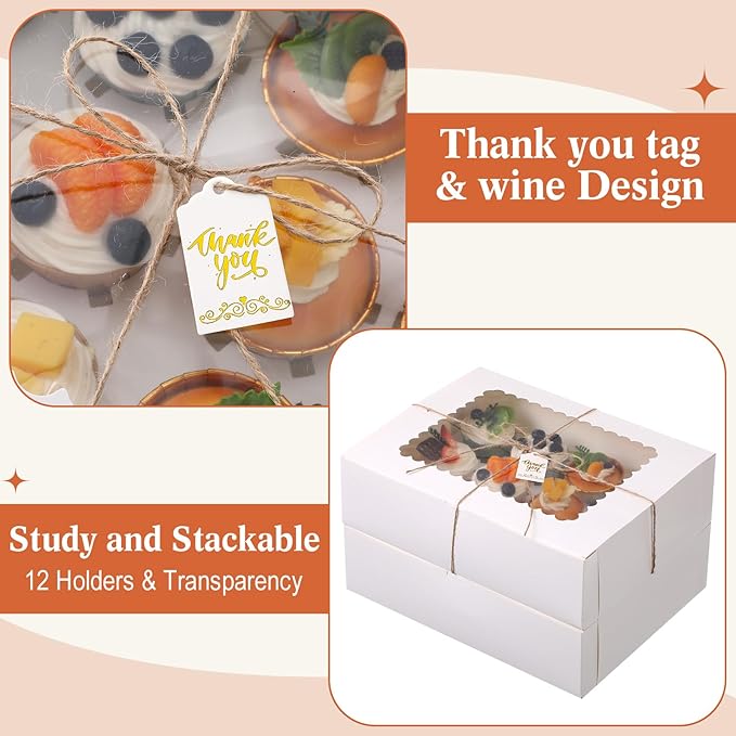 36 Pack Cupcake Boxes Hold 12 Count Christmas Disposable Cupcake Containers with Window and Cake Carrier with Thanks Card and Jute Rope to Muffins Cupcakes Cookies Gift Wrapping(White)