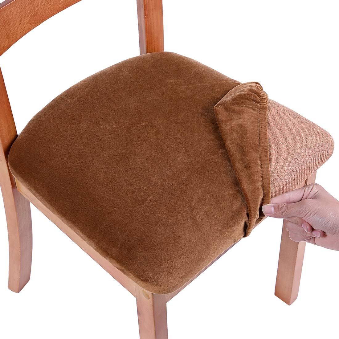 Smiry Velvet Seat Covers for Dining Room Chair Set of 2, Stretch Fit Removable Washable Chair Seat Cushion Protector Slipcovers with Ties, Camel