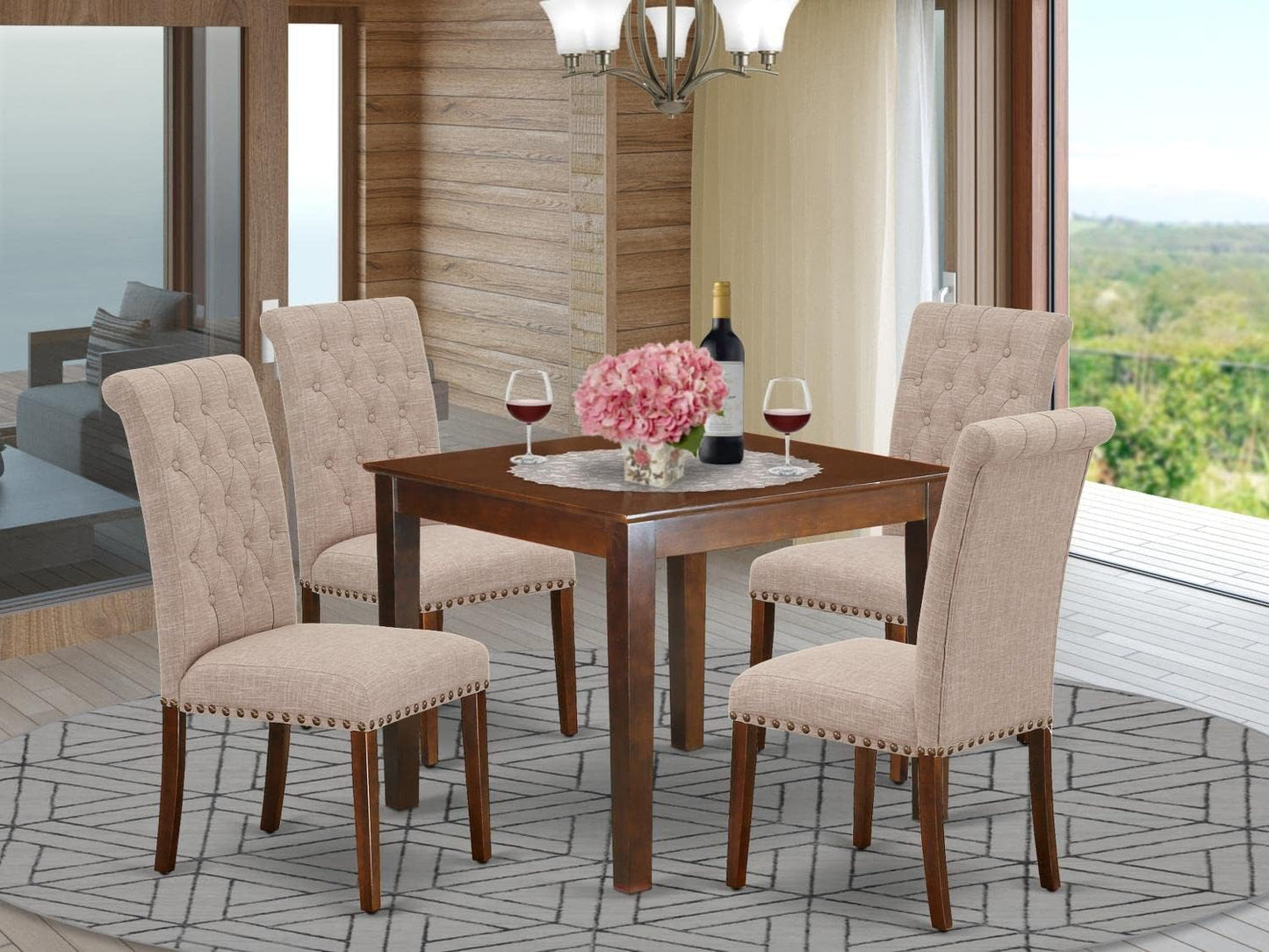 East West Furniture OXBR5-MAH-04 5 Piece Dining Room Table Set Includes a Square Wooden Table and 4 Light Tan Linen Fabric Upholstered Parson Chairs, 36x36 Inch, Mahogany
