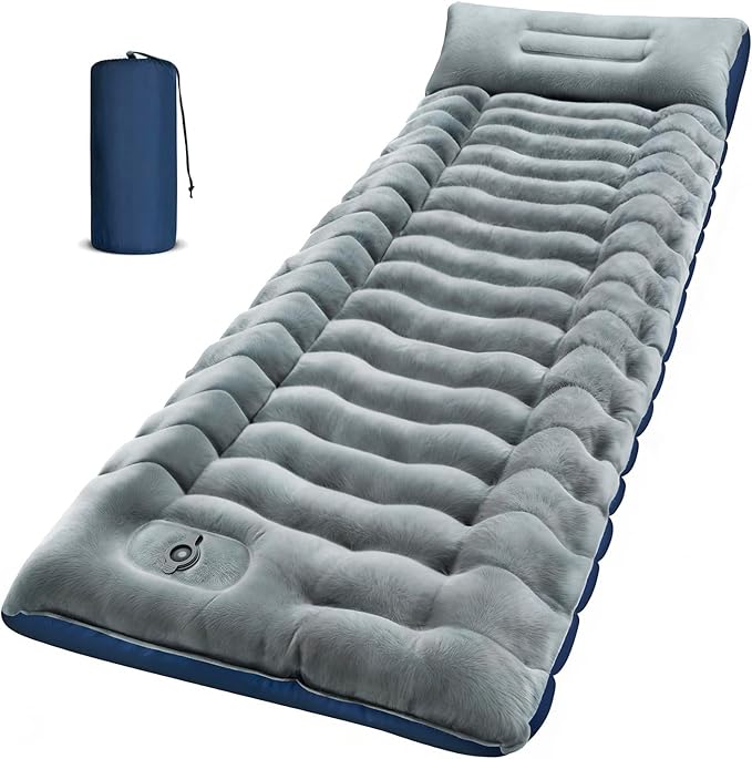 Camping Sleeping Pad, Ultralight Inflatable Air Mattress Built-in Foot Pump, Compact & Waterproof for Backpacking, Hiking, Travel - Upgraded Fleece-Lined Version Grey