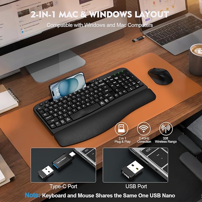 Wireless Keyboard and Mouse Combo, Wave Keys Full-Sized Ergonomic Keyboard with Cushioned Plam Rest, Phone Holder, Comfortable Natural Typing, 2.4G Cordless Set for Computer, Laptop, PC, Mac, Windows