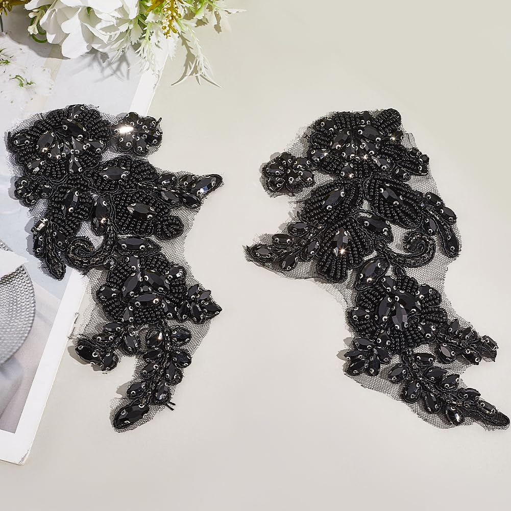 CABODYALS 2Pcs Black Floral Rhinestone Applique Handmade 3D Flower Pearl Beaded Lace Trim Appliques Crystal Bead Embroidery Sew on Tulle Pathes for Sewing Making Dresses Bridal Wedding Gowns Clothes