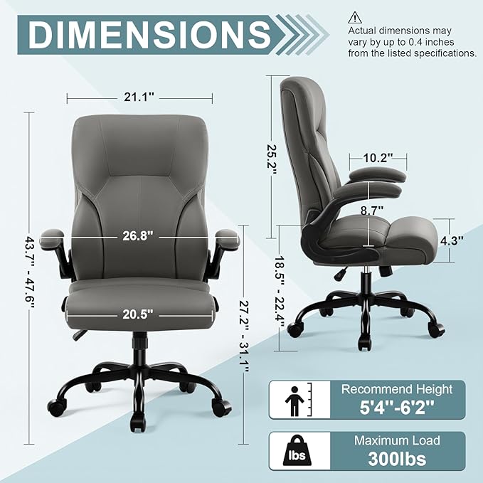 Executive Office Chair, High Back Ergonomic Comfy Desk Chair with Padded Flip-up Armrests and Wheels, PU Leather Heavy Duty Computer Swivel Rolling Task Chair for Home Office, Adults, Gray