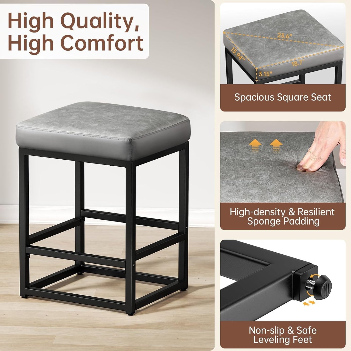 Counter Height Bar Stools Set of 2, 24" Barstools for Kitchen Countertop, Faux Leather Counter Stools with Thick Square Seats & Sturdy Metal Base, Simple Assembly, Gray