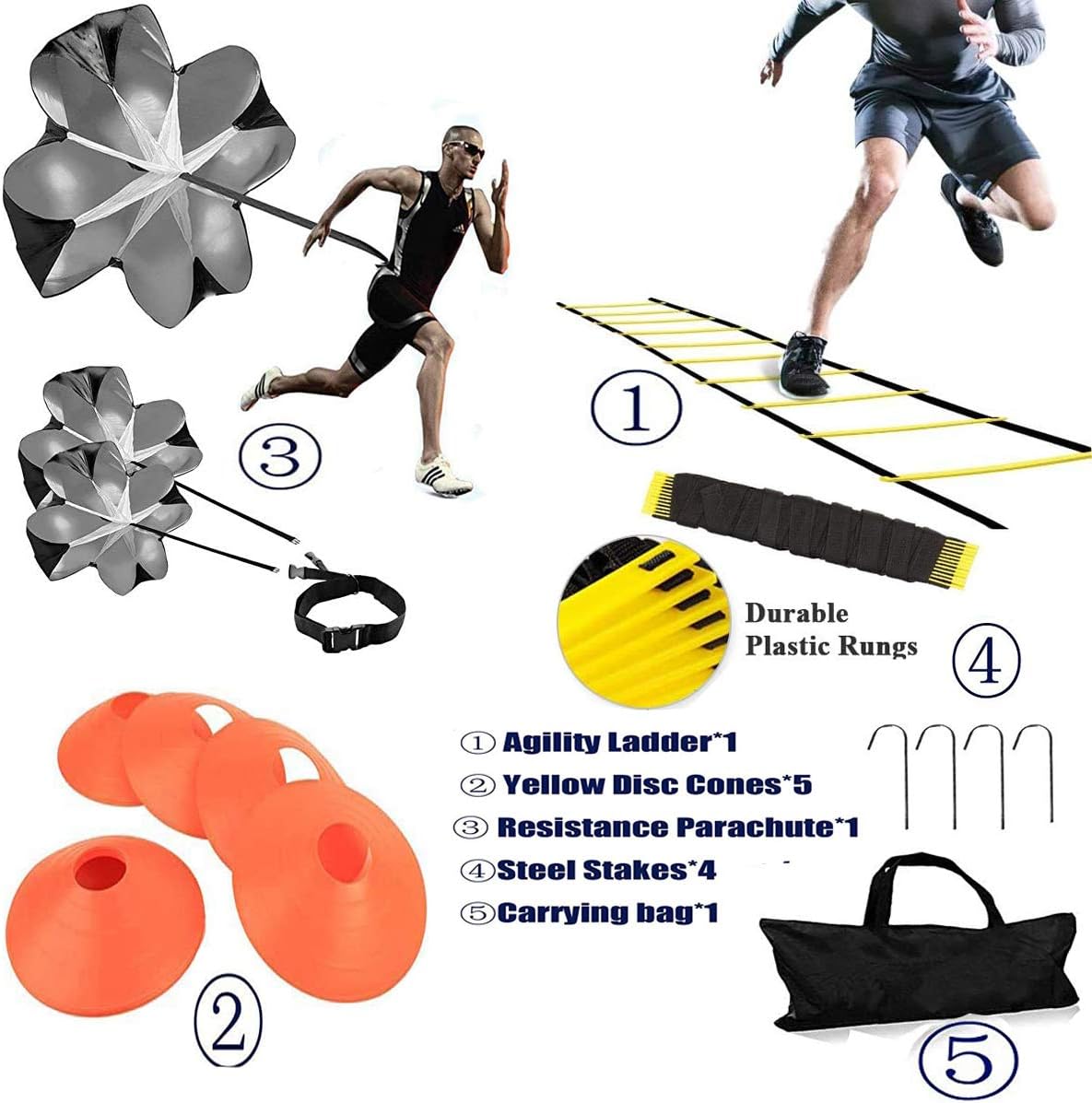 Agility Ladder, Speed Training, Soccer Agility Speed Training Equipment, 20ft Agility Ladder, 6 Soccer Cones, Running Parachute, Basketball Football Soccer Training Equipment for Kids, Youth, Adults