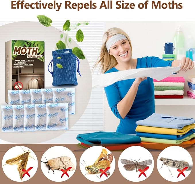 10 Pack Natural Moth Repellent for Clothes Indoor Use, Alternative Moth Balls Moth Traps for Clothes, Peppermint and Thyme Essential Oils Effectively Keep Moths Away from Closet Drawers Woolen Silk