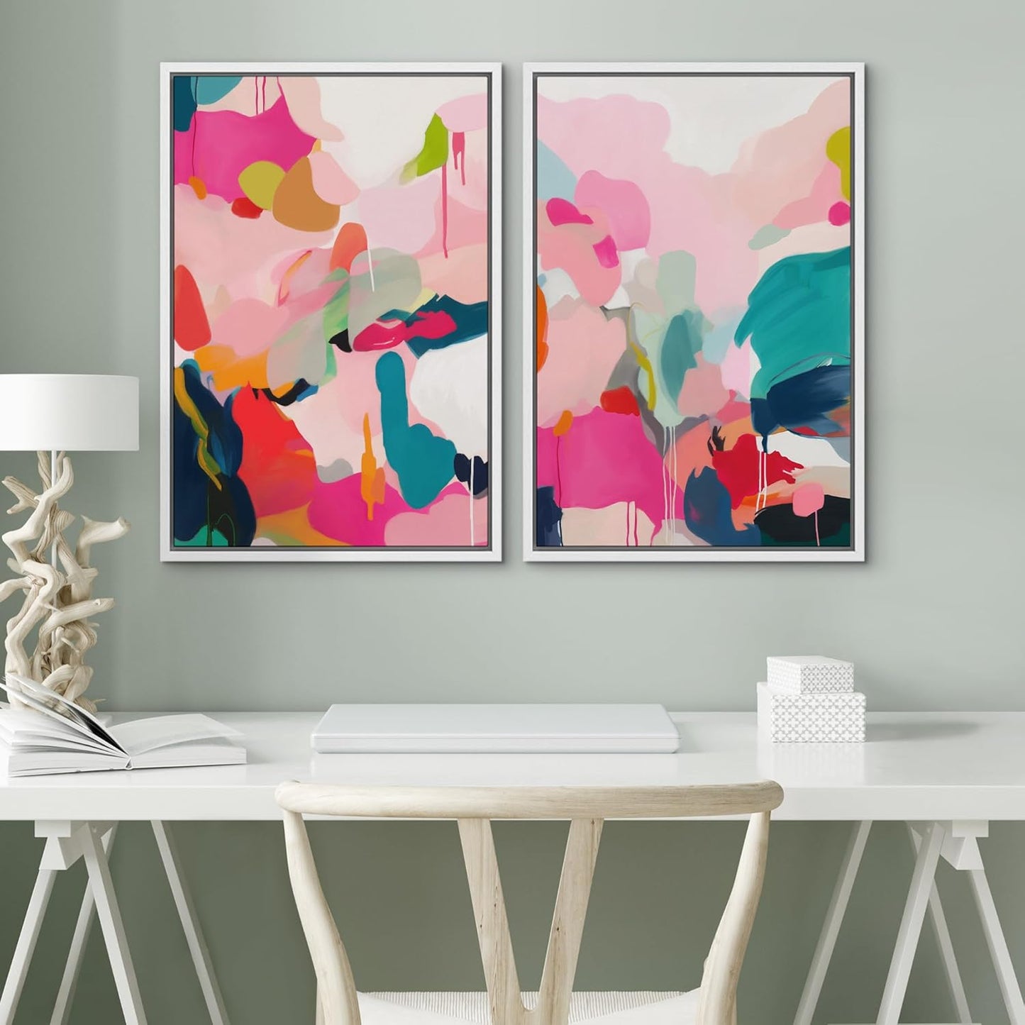 SIGNWIN Framed Canvas Print Wall Art Colorful Abstract Vibrant Pink and Blue Drip Illustrations Modern Art Decorative Contemporary for Living Room, Bedroom, Office - 16"x24"x2 White