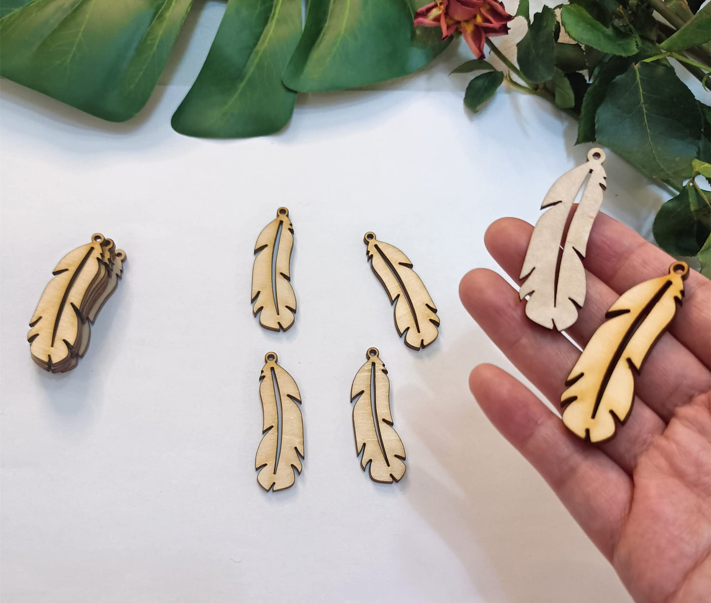 30pcs of Feather Shape DIY Unfinished Wood Jewelry,Laser Cut Natural Wood Earrings Blanks,Wood Feather Shapes (2'')