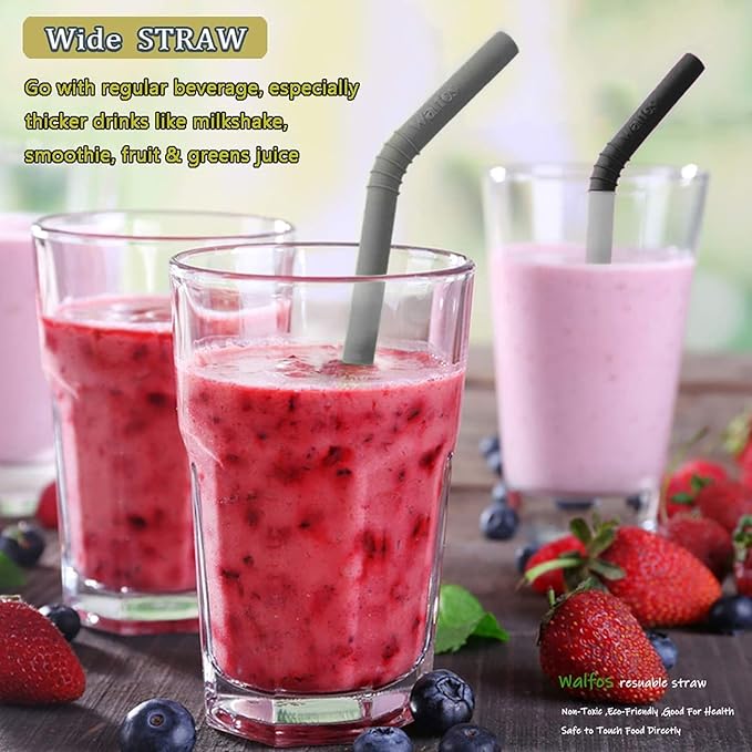 Walfos Reusable Silicone Straws -10.5 Inch Flexible Drinking Bendy straws for Smoothies/20 & 30 oz Tumblers, BPA Free (6 pcs Wide + 1 Cleaning Brushes ）