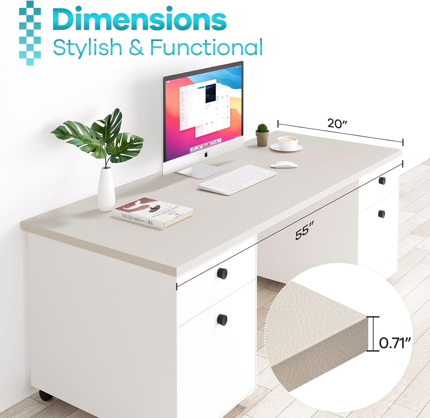 Kaboon Universal Tabletop 55"x20", Solid One-Piece Melamine Table Top, Double Desk L-Desk DIY, Home and Office, Leather/Ivory