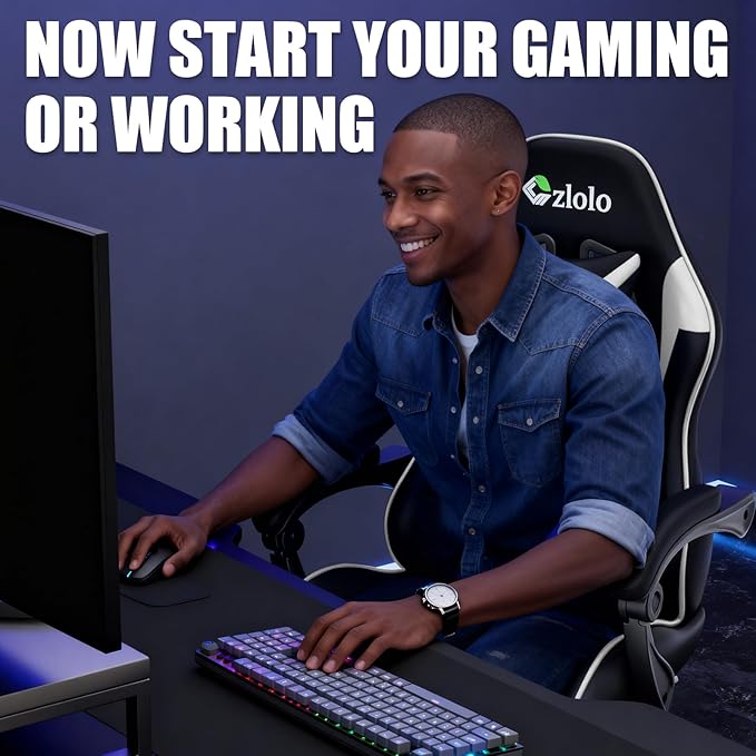 Gaming Chair with Footrest Racing Style Lumbar Support Massager Video Game Chair with Metal Legs, High Back Reclining Gamer Chair with Headrest, 360° Swivel Office Computer Desk Chair (White)