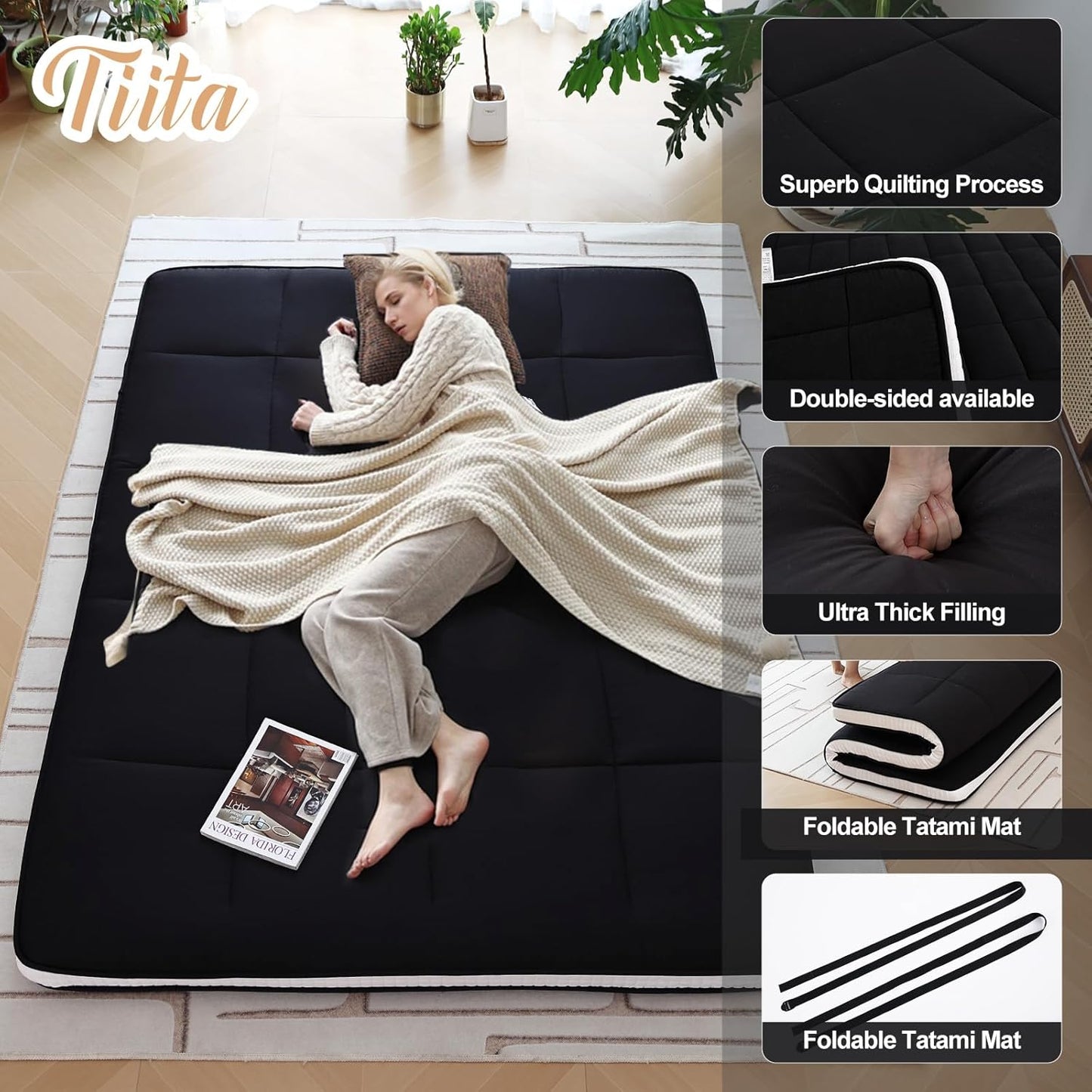 Tiita Queen Memory Foam Mattress Topper, 4" Thicken Futon Floor Mattress with Storage Bag and 2 Straps, Portable Roll Up Travel Car Camping Mattress Sleeping Pad, Black