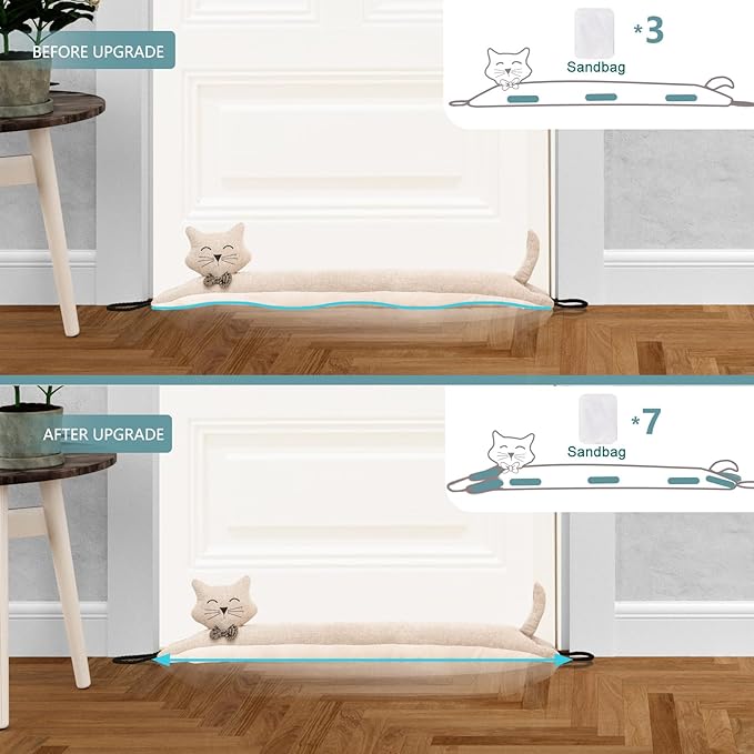 Marwood Under Door Draft Stopper Decorative Wind Stopper 38 inch for Door & Window, Weighted Animal Air Draft Stopper Snake Noise Blocker for Bottom of Door with Hanging Loops - Khaki Cat