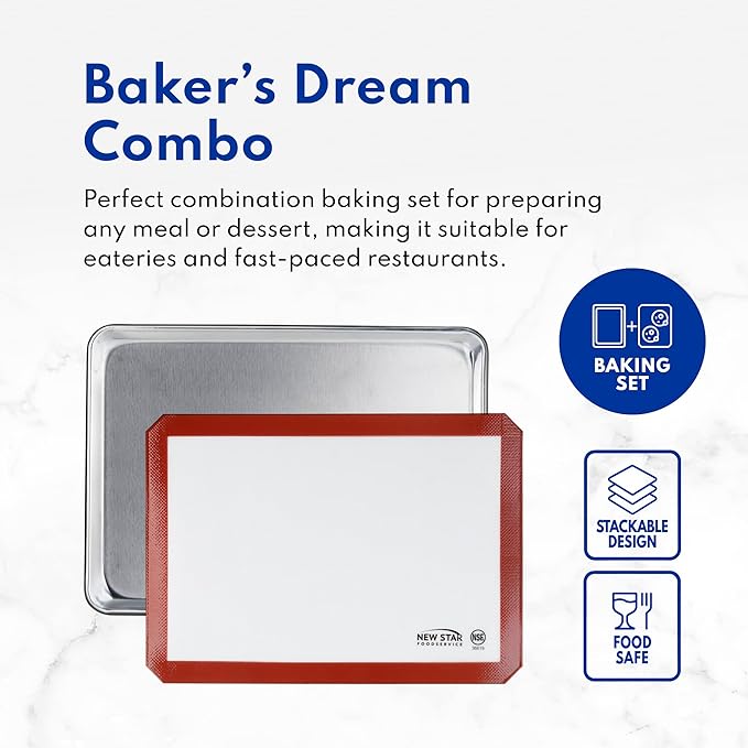 New Star Foodservice Commercial 18-Gauge Aluminum Sheet Pan and Silicone Baking Mat Set, 15 x 21 inch (Two-Thirds Size)