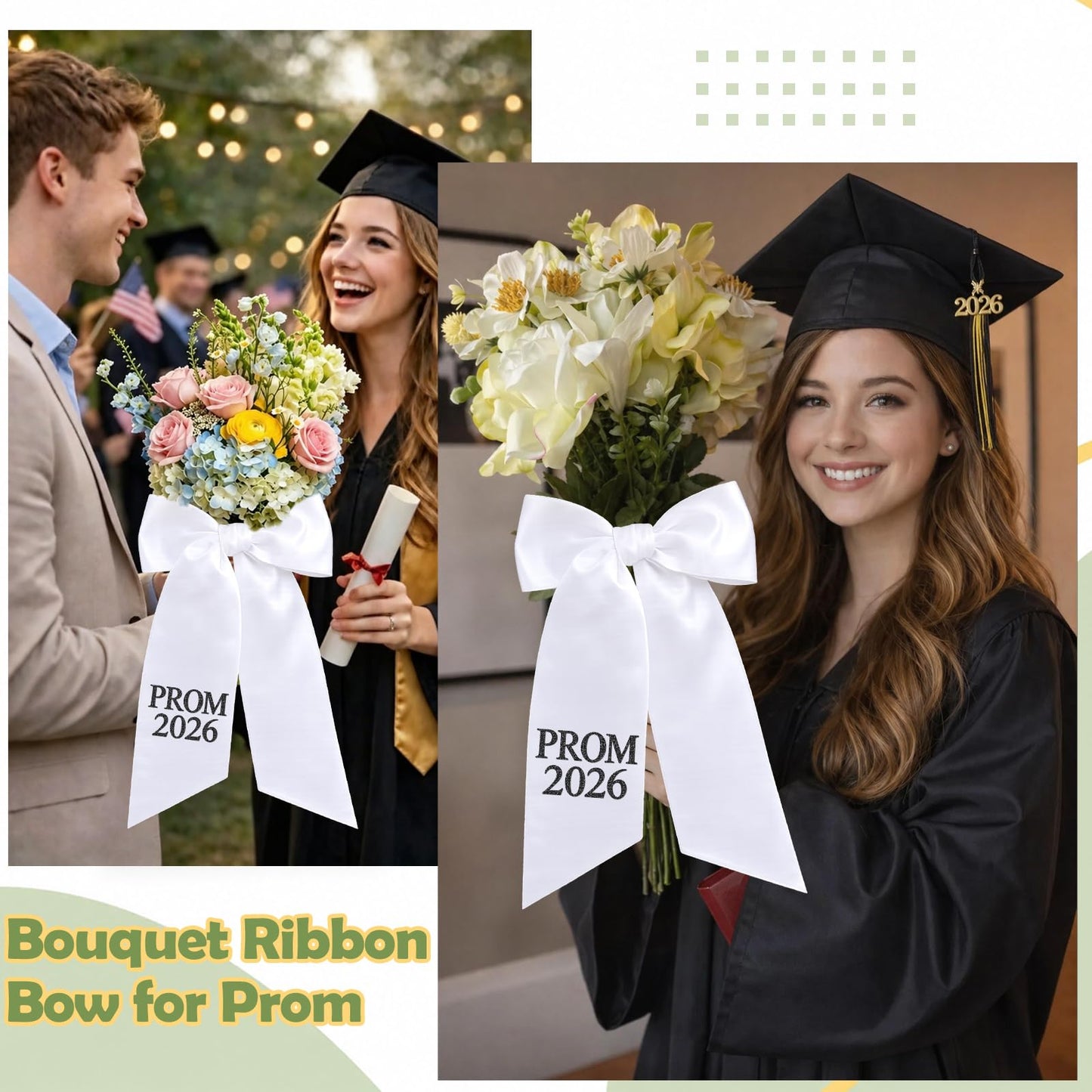 2 Pieces Prom Bouquet Sash Bouquet Ribbon 4 x 52 Inch Satin Plain White Flower Bouquet Sash with Letters for Prom 2026 Graduation Party Supplies (Black)