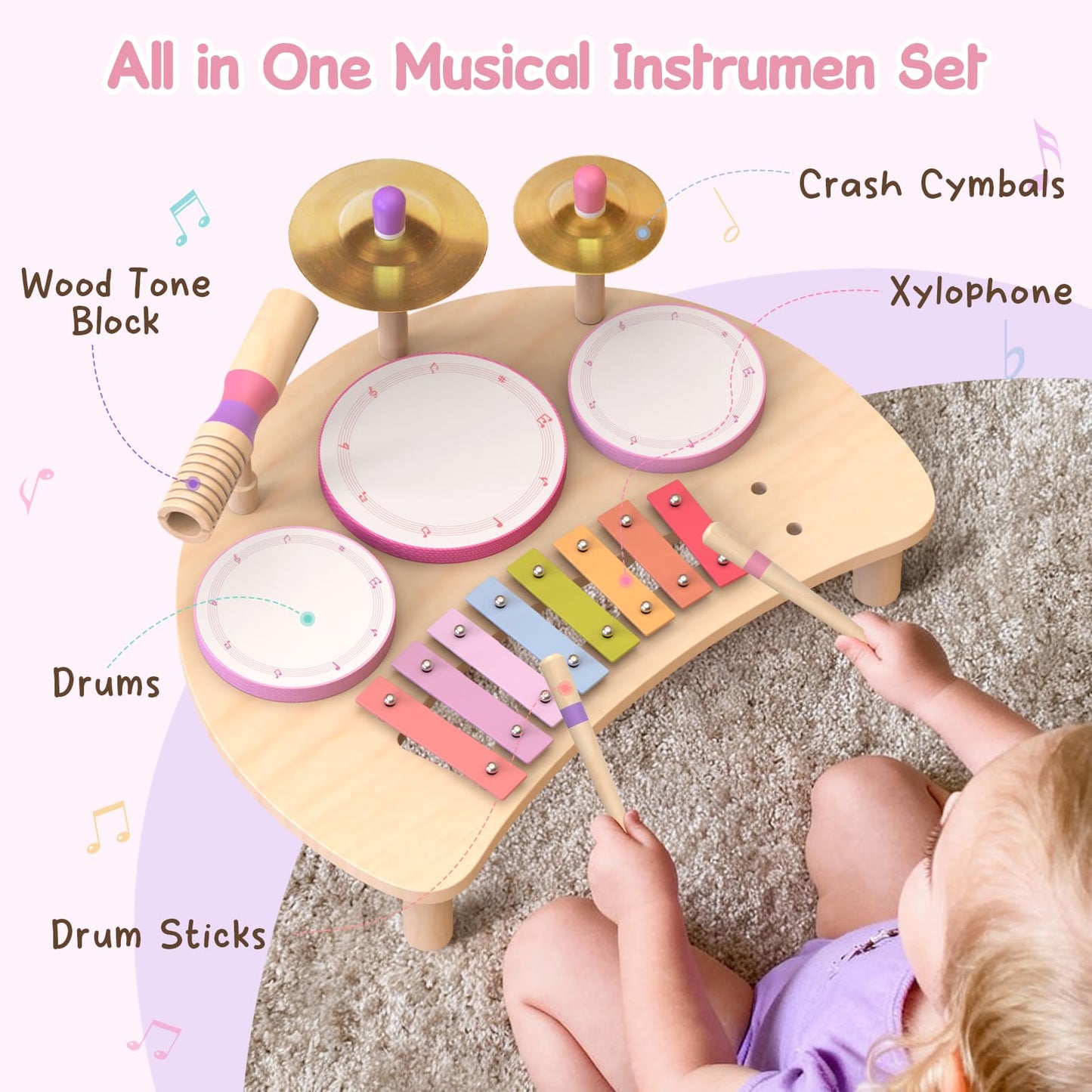 Kids Drum Set Montessori Musical Instruments for Toddlers 1-3, Wooden Baby Drum Kit with Xylophone, Preschool Music Toys for Early Learning, Educational Birthday Gift for Boys Girls (Pink)
