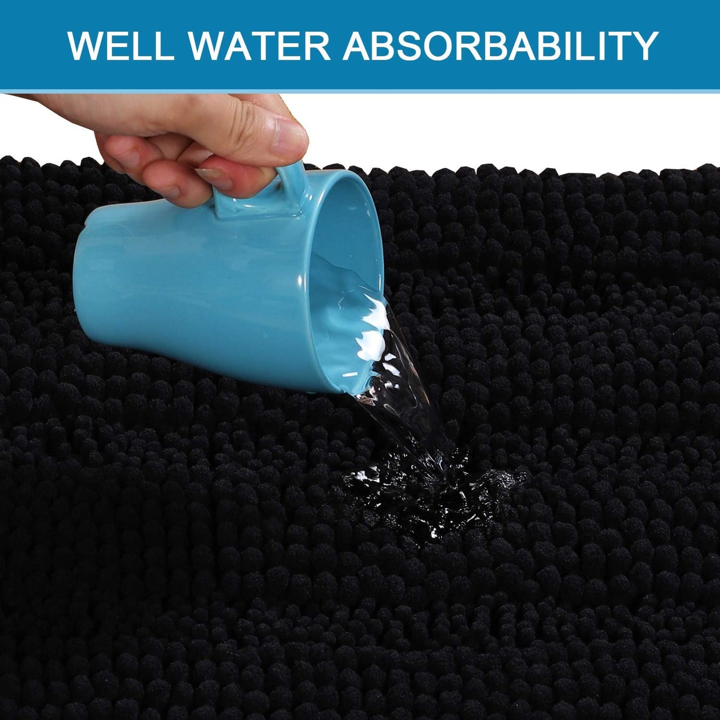 H.VERSAILTEX Bath Rugs for Bathroom Non Slip Bath Mats Extra Thick Chenille Striped Bath Rug Runners 47" x 17" Absorbent Fluffy Soft Shaggy Mats Dry Fast Plush Area Carpet for Bath Room - Black