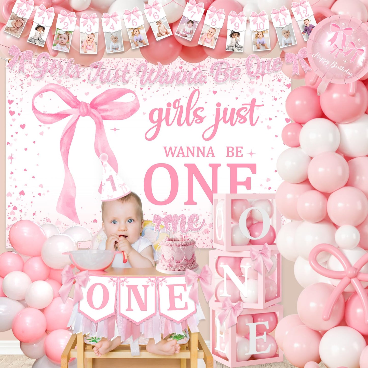 Pink Bow 1st Birthday Decorations, Girls Just Wanna Be One Birthday Decorations Kit Include Pink White Balloon Arch,Backdrop,Banner,Balloon Boxes,High Chair Banner,Bow Tablecloth,Bow Cupcake Toppers