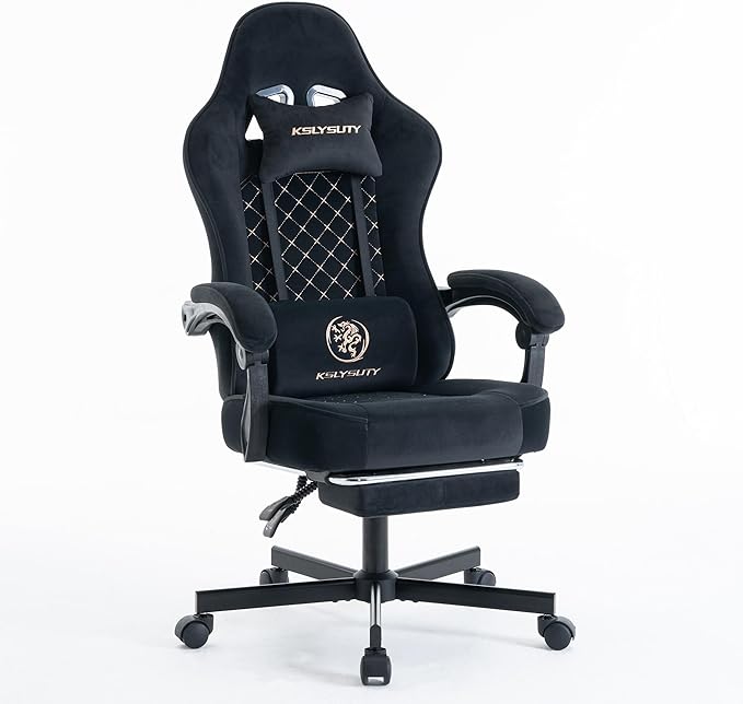 Gaming Chair for Adults with Footrest and Lumbar Support, Height Adjustable Game Chair with 360°-Swivel Seat and Headrest and for Office or Gaming (Black Fabric)