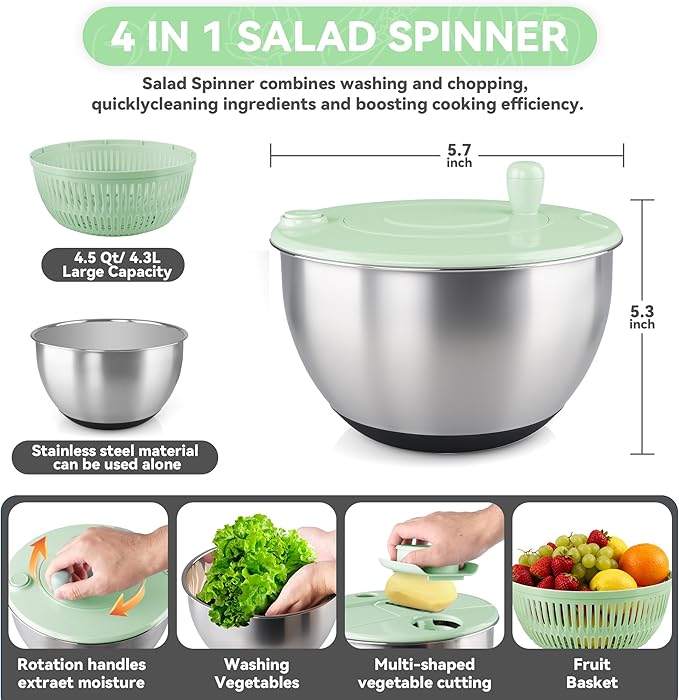 Stainless Steel Salad Spinner,Lettuce Spinner with Non-Slip Base,Vegetables Wash Bowl,Egg Yolk Strainer Slicer Shredder,A Variety of Blades Make it Easy to Chop, BPA Free,Dishwasher Safe.