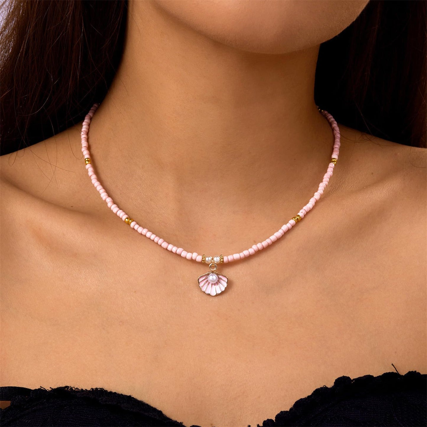 Seashell Pearl Pendant Necklace Gold Plated Boho Enamel Pink Blue Scallop Sea Shell Starfish Ocean Animal Chain Necklace for Women Hawaiian Summer Beach Holiday Fashion Jewelry Gifts (Pink beaded necklace)