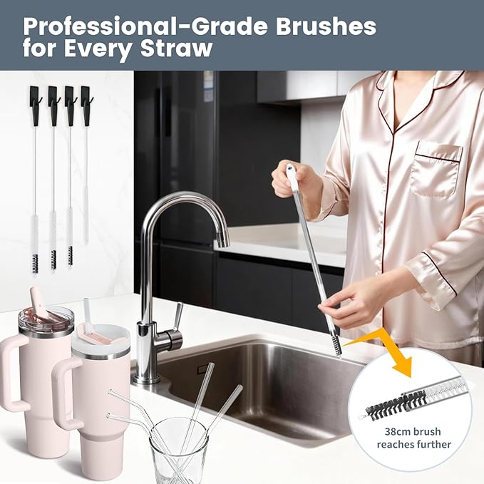 Straw Cleaning Brush Set, 4 Sizes (6/8/10/12mm) + 3-in-1 Lid Brush, 15-Inch Long Handle for Thorough Reach, Fits Most Reusable Cups and Straws for Home & Travel Use, Black