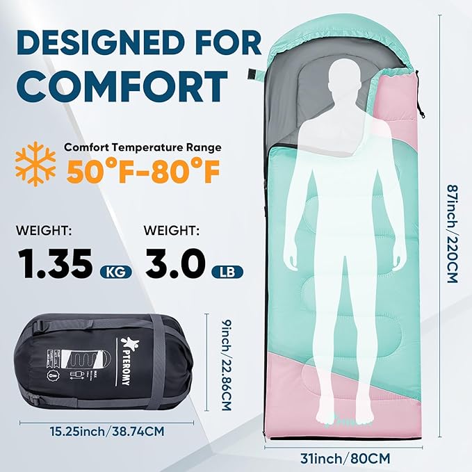 PTEROMY Sleeping Bags for Adults, Lightweight and Machine Washable, Water Resistant Backpacking Camping Sleeping Bag for Warm Cold Weather, Camping Essentials for Hiking Travel