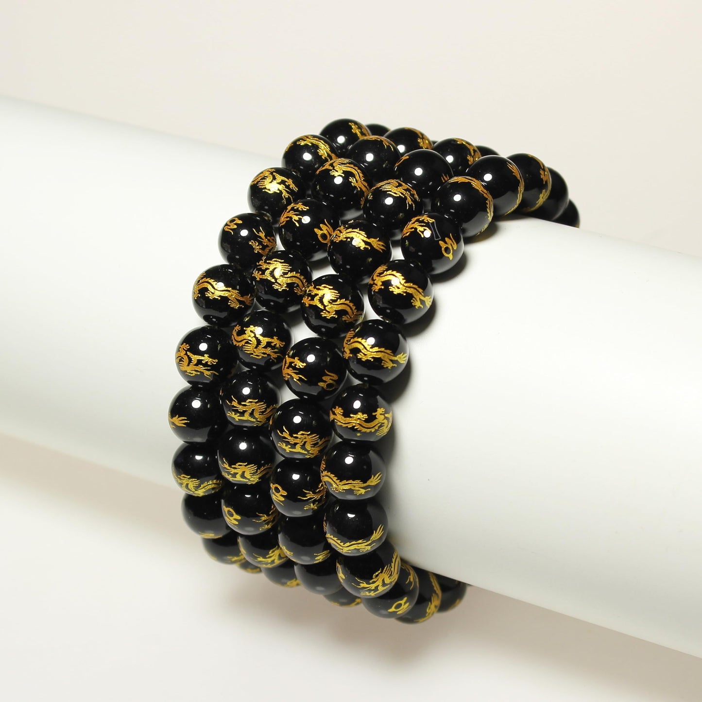 MJDCB Natural Stone Beads 8mm 43pcs Round Black Onyx Carved Dragon Loose Gemstone Bead Charms for Jewelry Making Bracelet Necklace Earring Pendant