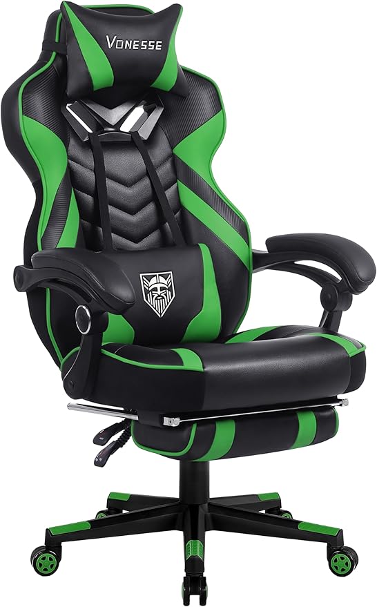 Vonesse Gaming Chair, Big and Tall Gaming Chair with Footrest and Massage, Gaming Chairs for Adults with Lumbar Support, Ergonomic High Back Computer Chair with Pocket Spring Cushion (Green/Black)