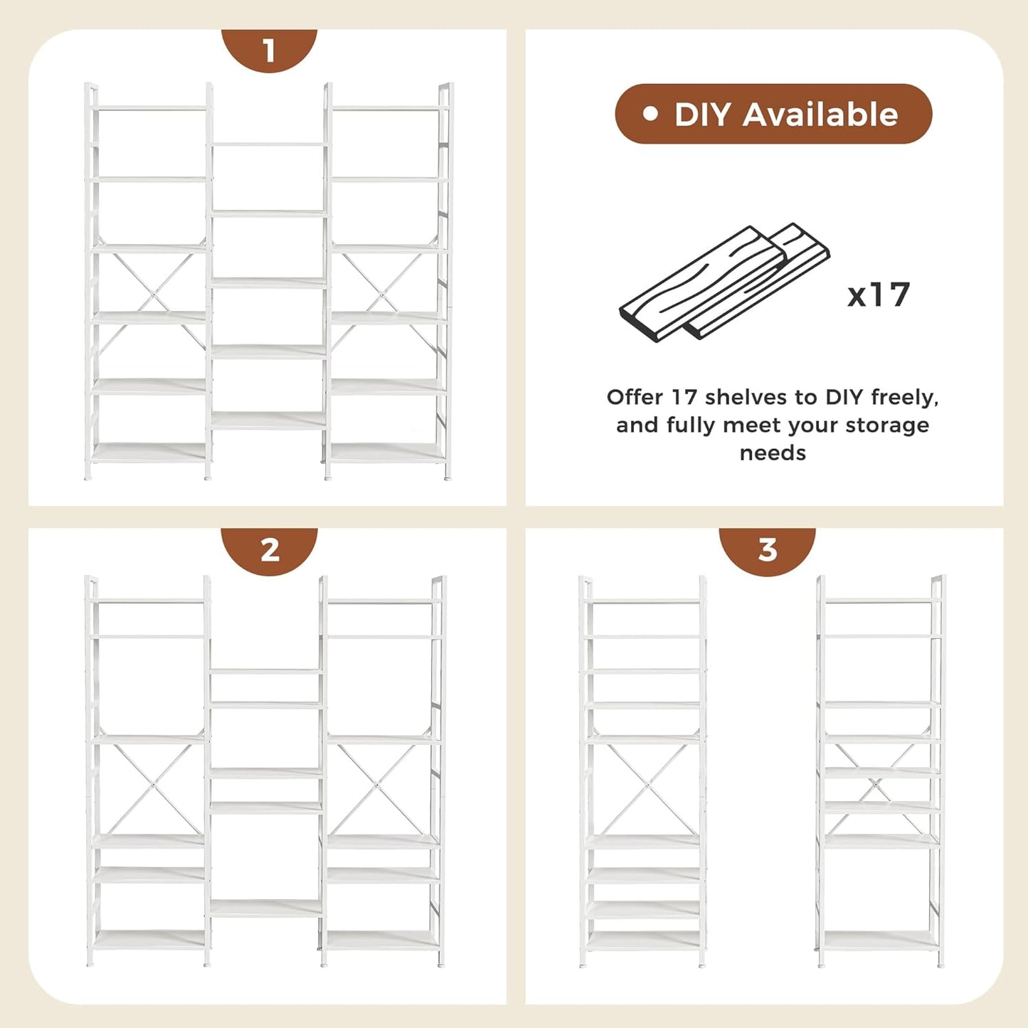 SUPERJARE Triple 6 Tier Bookshelf, Bookcase with 17 Open Display Shelves, Wide Book Shelf Book Case for Home & Office, White