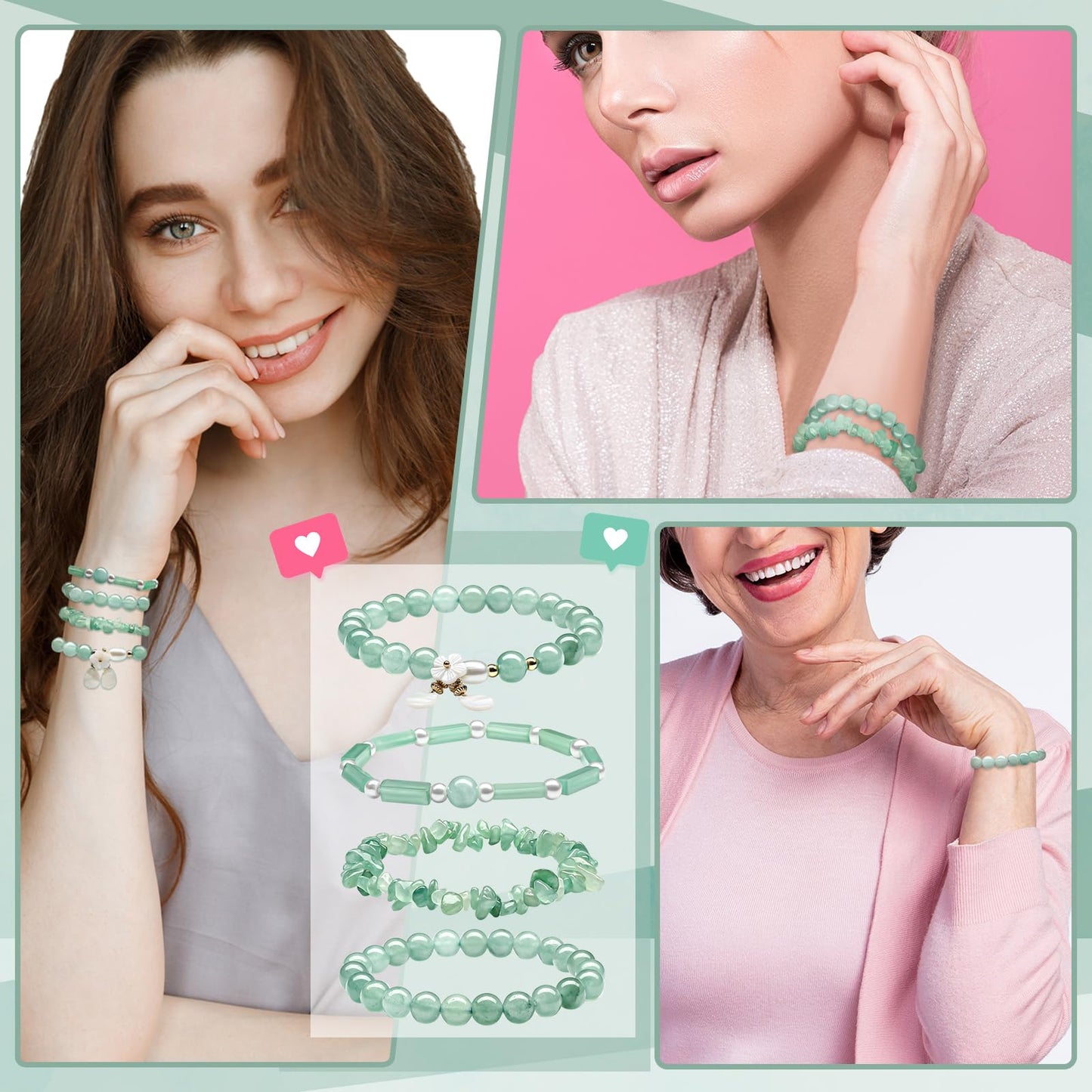 Landical 4 Pcs Jade Bracelet for Women Good Luck Wealth Green Aventurine Bracelet 8 mm Stretch Dongling Jade Beaded Spiritual Gift