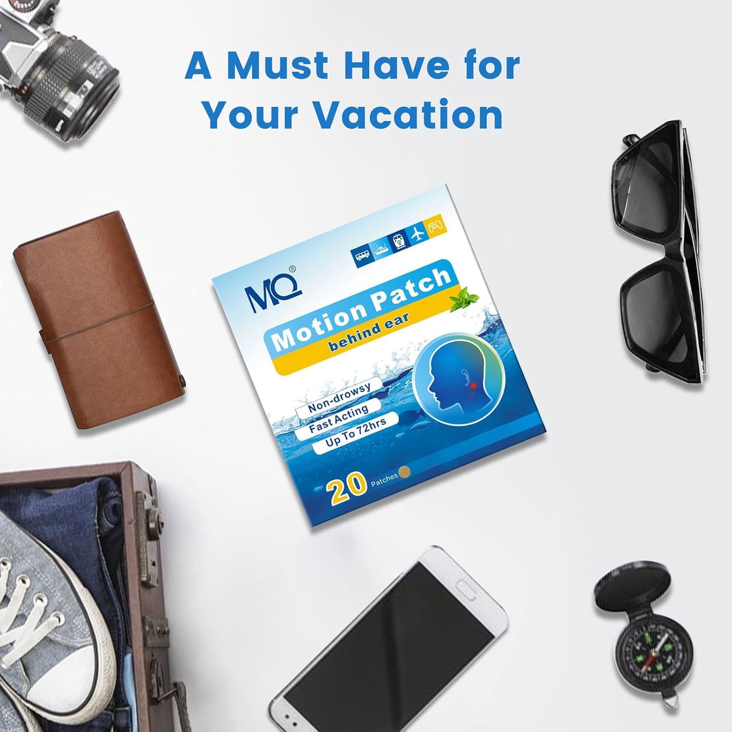 MQ 20ct Motion Sickness Patches, Medium Color, Sea Sickness Patches Non Drowsy & Waterproof, Cruise Ship Travel Essentials, Fast Acting & Long Lasting 72H