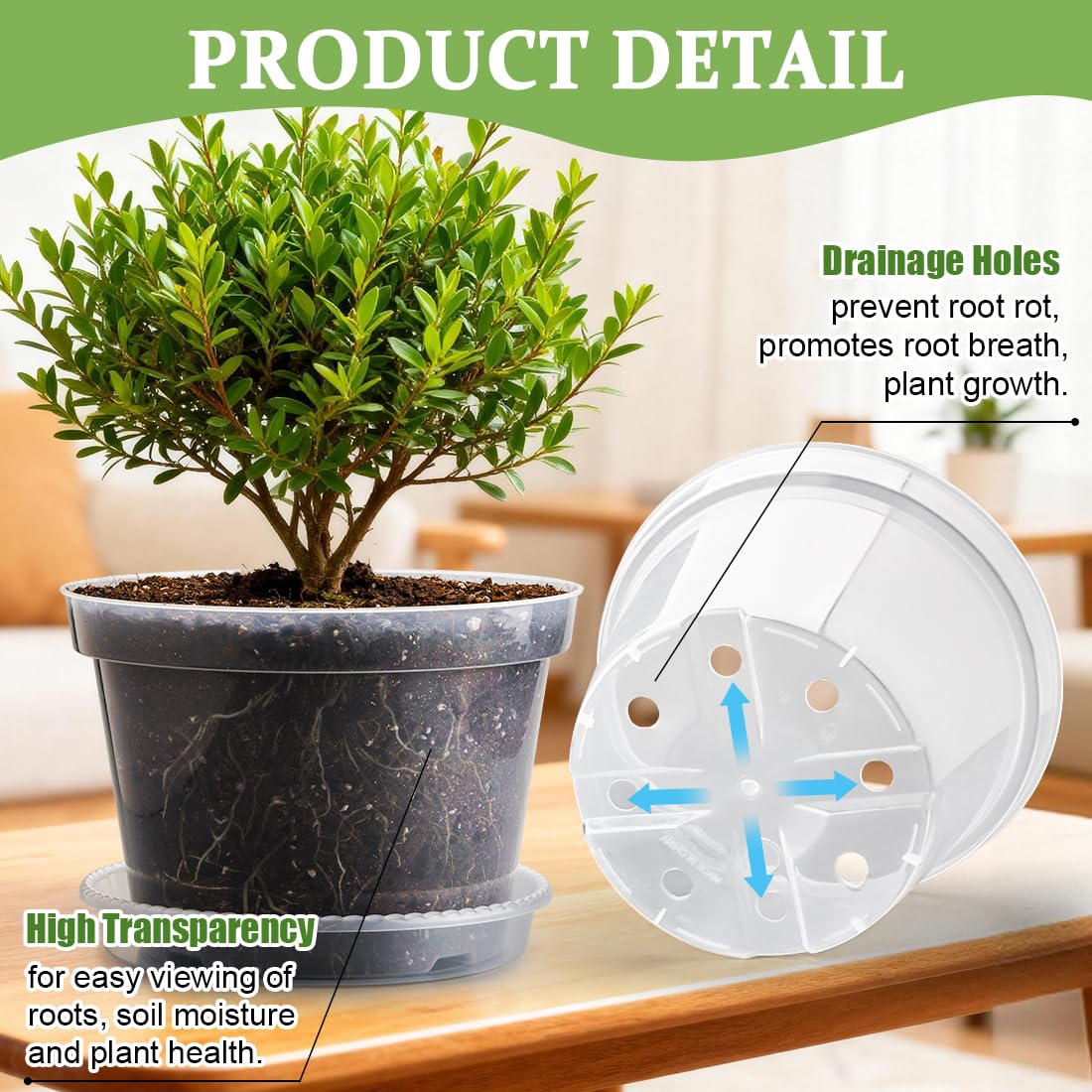 10 Pack 10 Inch Clear Nursery Pots with Saucers, Transparent Sturdy Plastic Plant Pots, Large Gardening Pots with Drainage Hole, Planting Starter Pot for Indoor Outdoor Flowers Herbs Vegetables