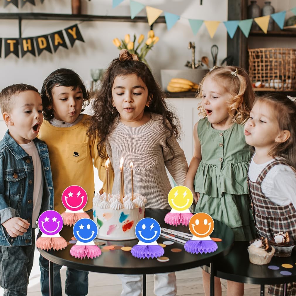 6Pcs Smiley Face Birthday Decorations Honeycomb Centerpieces Supplies Pastel Smiley Face Centerpieces Party Favors Preppy Birthday Decorations