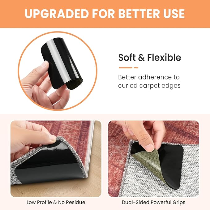 BAGAIL Rug Grippers 4 Pcs, Non-Slip Rug Corner Grips for Hardwood Floors & Tile, 4x4in Reusable Double-Sided Adhesive Carpet Tape to Prevent Sliding & Tripping Hazards for Pets, Kids, Family