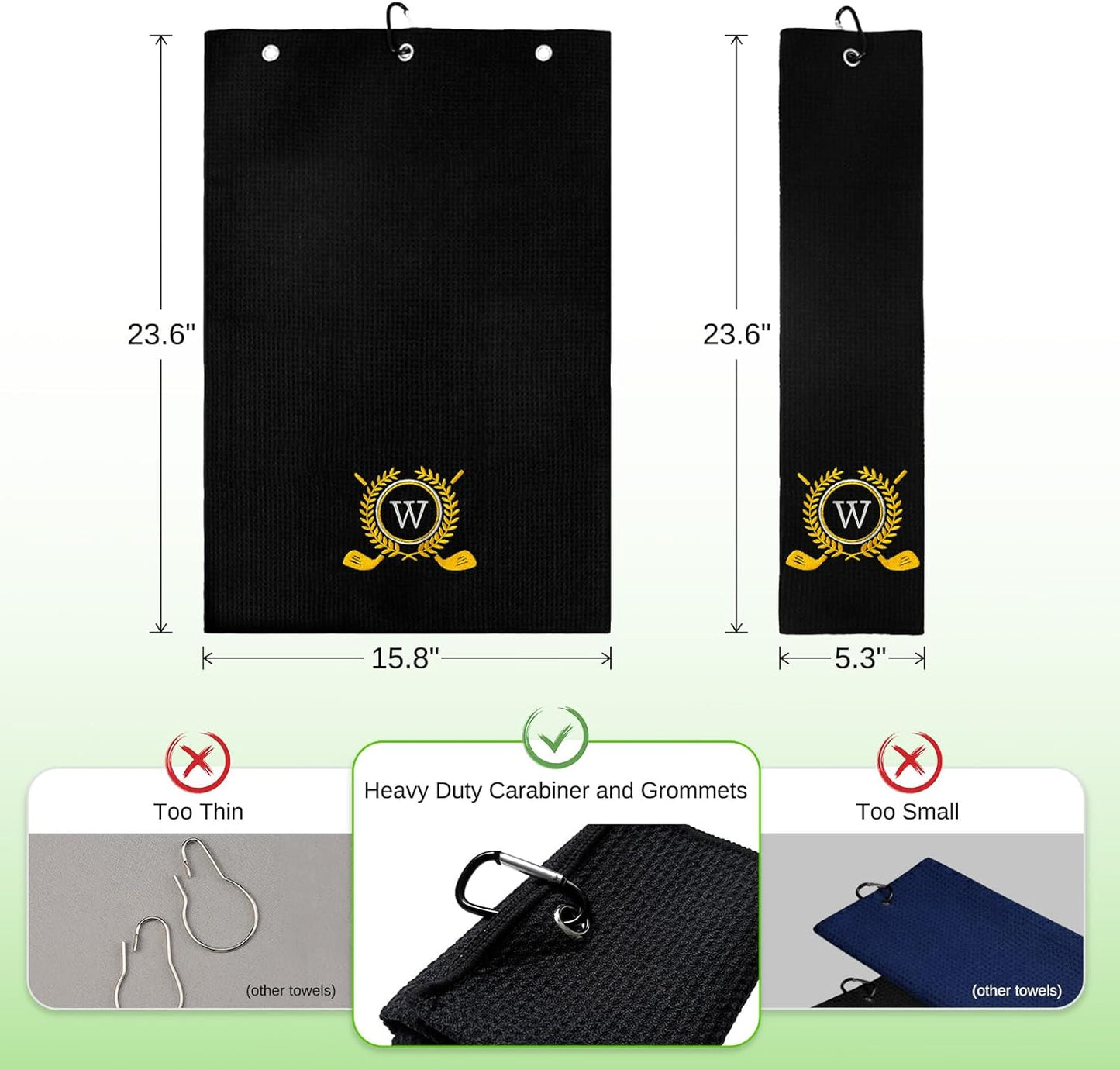 Personalized Golf Towels for Golf Bags - Microfiber Monogrammed Golf Towels for Men/Women, Retractable Brush Tool Kit with Club Groove Cleaner, Custom Golf Accessories for Golfers (Initial W)