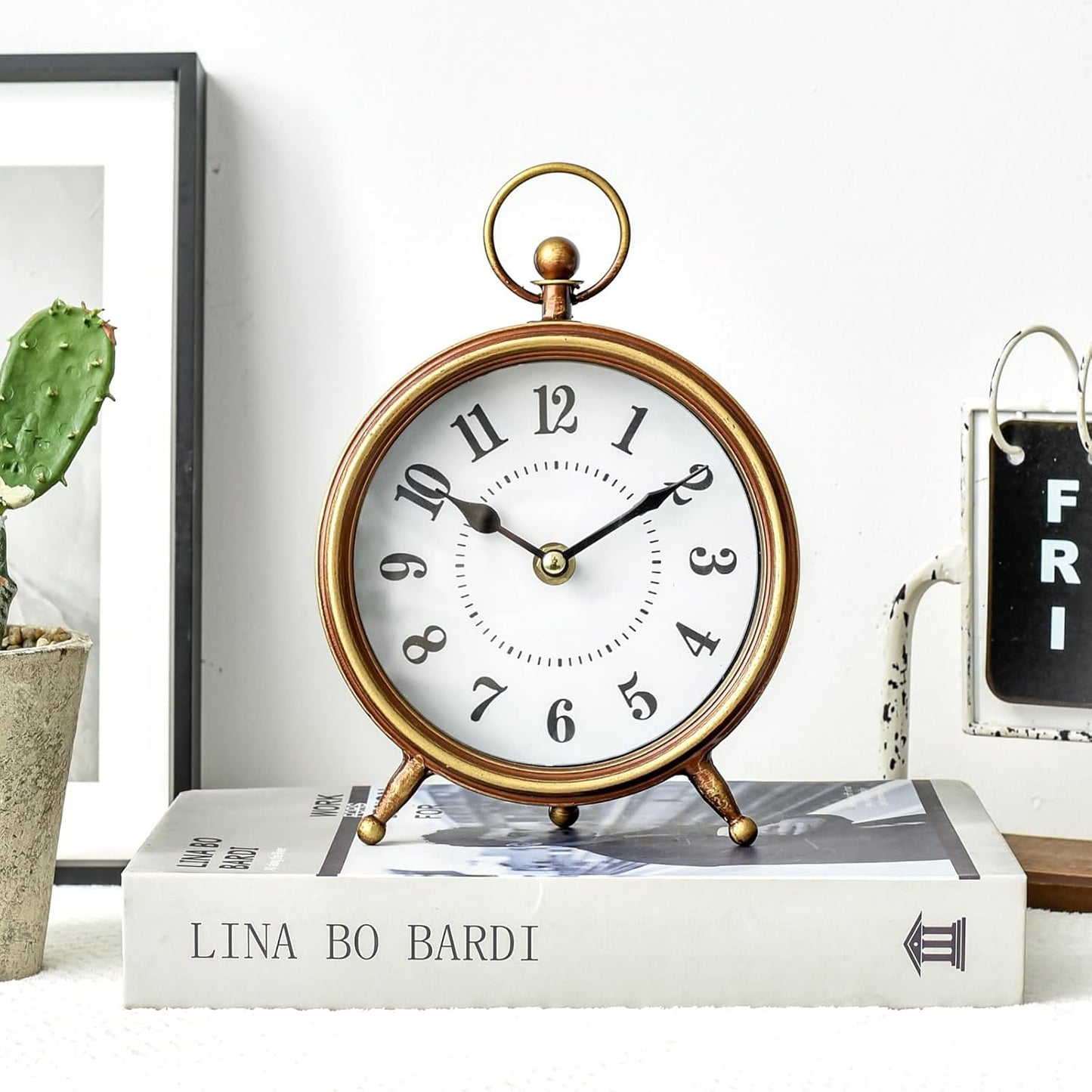EMAX Home Vintage Small Table Clock on Stand,Desk and Shelf Clock Decorative Farmhouse Mantel Non-Ticking Clock Rustic Metal Frame with Antique Gold Finish 9.3 Inch…