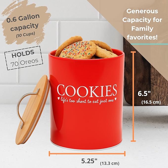 D'Lifeful Cookie Jar with Airtight Bamboo Lid – 0.6 Gallon Cute and Decorative Cookie Storage for Kitchen Countertop – Farmhouse Storage Tin for Freshness – Great Gift Idea - Red