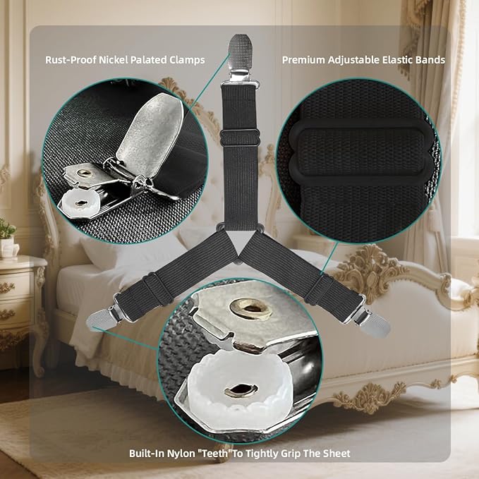Sheet Retainer Straps,Elasticated Adjustable Mattress Sheet Clip Retainer,Keeps Sheets and Mattress Firm and Tight,for Anti-Slip and Anti-Wrinkle Sheets,Suitable of Mattresses,Black