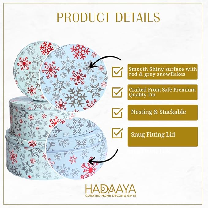 Holiday Tin Bundle – Set of 3 Festive Christmas Cookie & Candy Tins (Elf Hat, Wonderland, Snowflake Designs) – Stackable Storage Containers for Treats, Gifts & Seasonal Décor