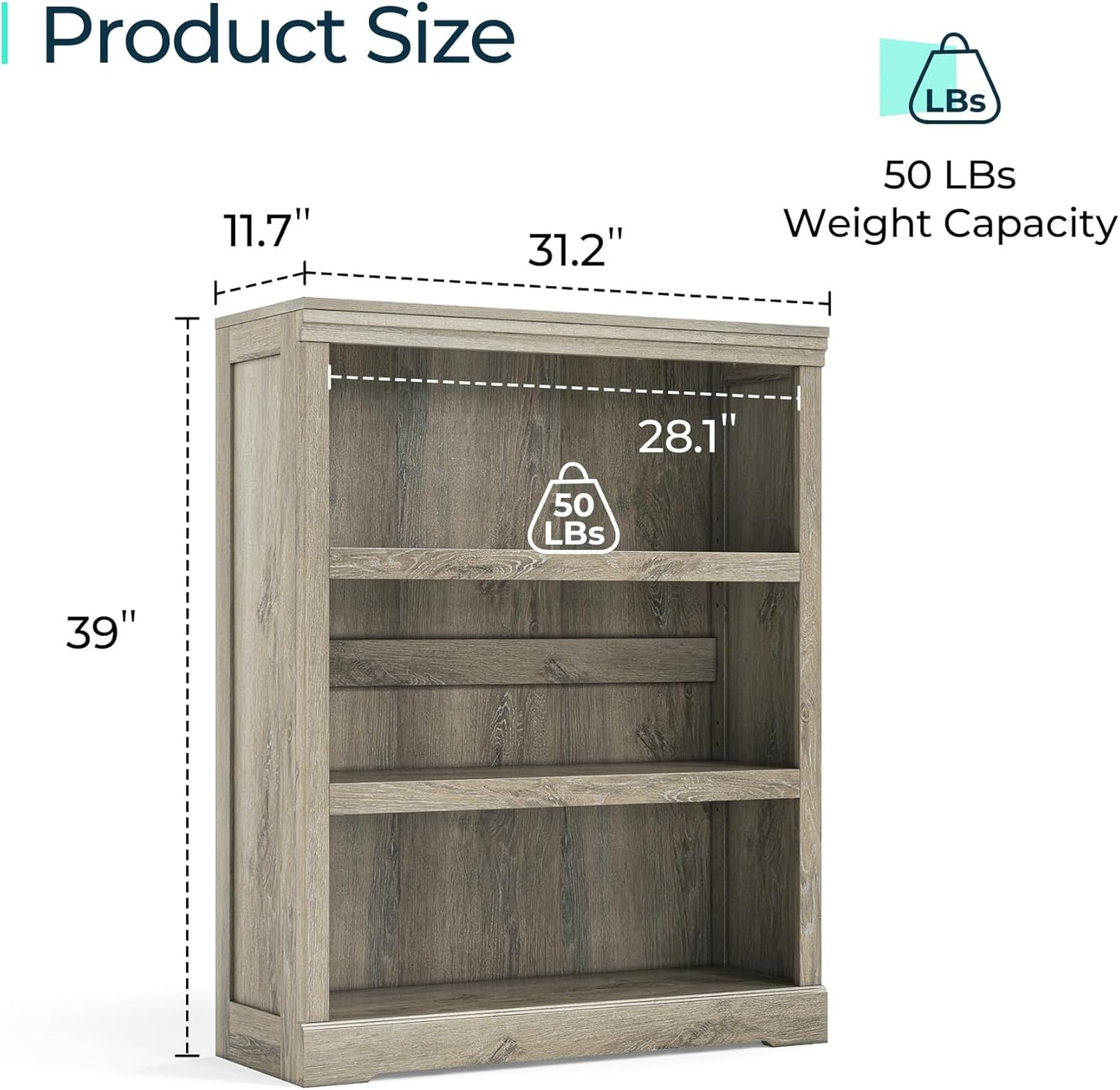 LINSY HOME 3-Tier Bookcase and Bookshelf, Small Wood Display Storage Shelves Farmhouse Bookshelf for Home Office, Living Room, Bed Room - Washed Grey