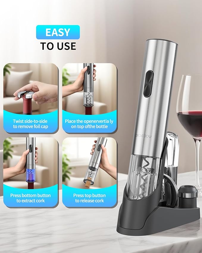 CIRCLE JOY Electric Wine Opener 7-in-1 Stainless Steel Rechargeable Electric Wine Bottle Opener Gift Set with Automatic Vacuum Pump, Foil Cutter, Wine Pourer, 2 Vacuum Stoppers & Charging Station