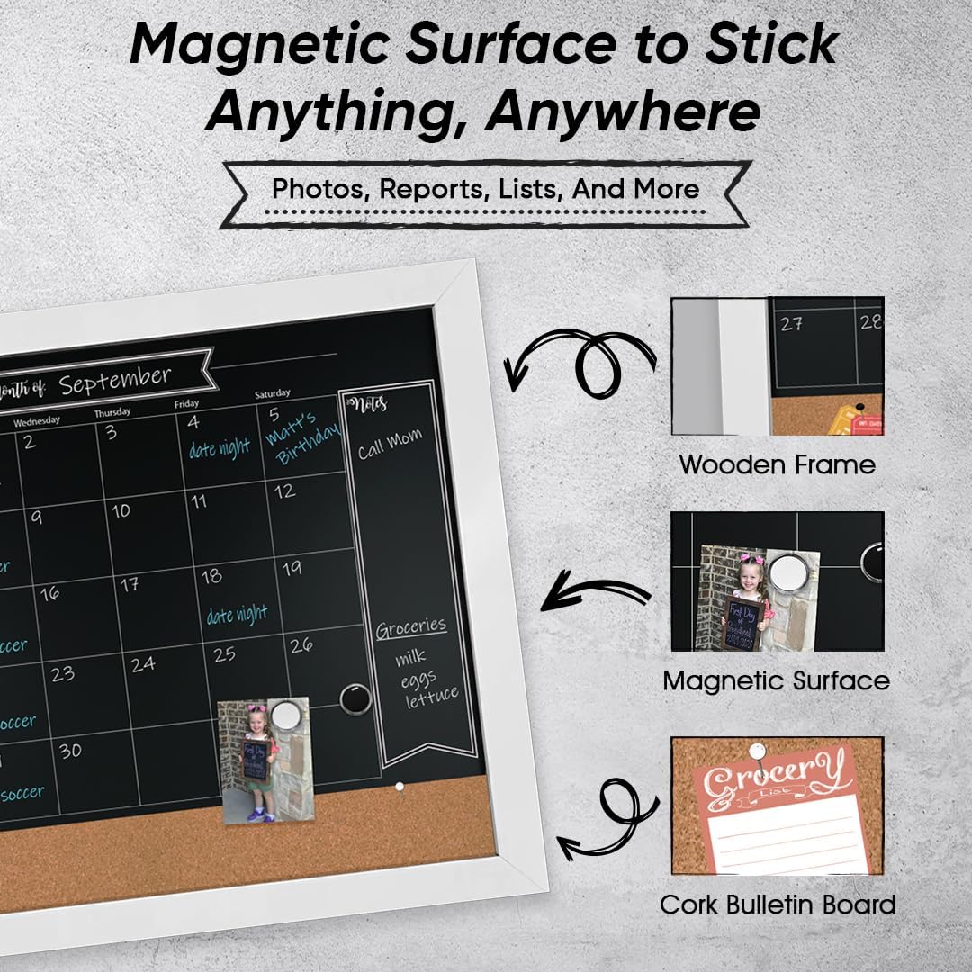 Loddie Doddie Chalkboard Calendar - 18" x 24" White Framed - Magnetic Chalkboard & Cork Bulletin Board with Chalk Markers, Push Pins & Magnets - Dry Erase Calendar for Wall