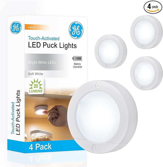 GE Wireless LED Puck Lights, Battery Operated, 20 Lumens, Touch Light, Tap Light, Stick On Lights, Under Cabinet Lighting, Ideal for Kitchen Cabinets, Closets, Garage and More, 4 Pack, 45997