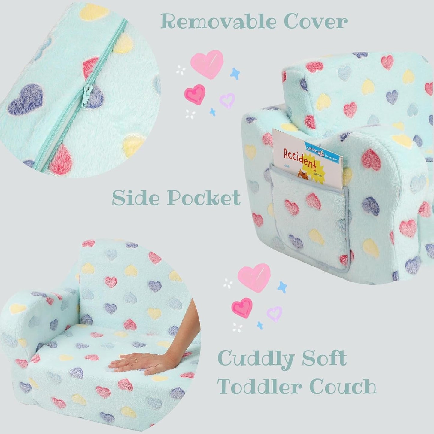 Extra Wider Seating Toddler Couch, 2-in-1 Toddler Soft Couch Fold Out with Star Pillow, Convertible Sofa to Lounger for Girls and Boys