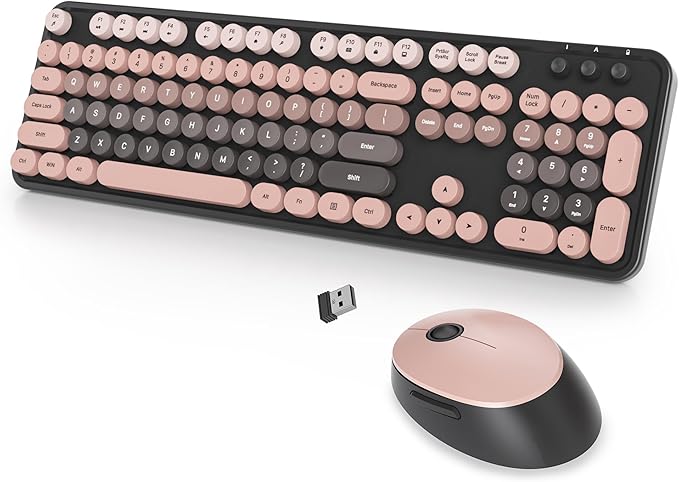 Wireless Keyboard and Mouse Set, Retro Typewriter, 2.4GHz Full Size 104-Key Cute Keyboard with Number Pad, Colorful Keyboard with Round Keycaps for Windows PC Laptop(Raspberry)
